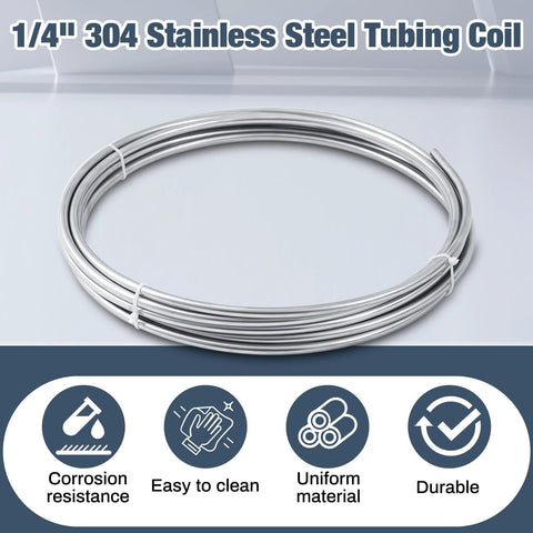 Front view of a 50 ft coil of 1/4-inch 304 stainless steel tubing, silver metal, for fuel lines and wort cooling