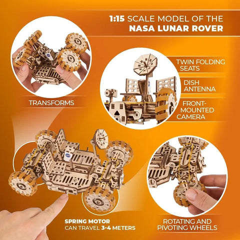 NASA Lunar Rover 3D Wooden Mechanical Puzzle Kit With Rotating And Pivoting Wheels, Spring Driven Motor, Automatic Unfolding, Rubber Tread Traction, Folding Twin Seats For Astronaut Figurines, 319 Parts Totally Epic Build Experience, 1:15 scale