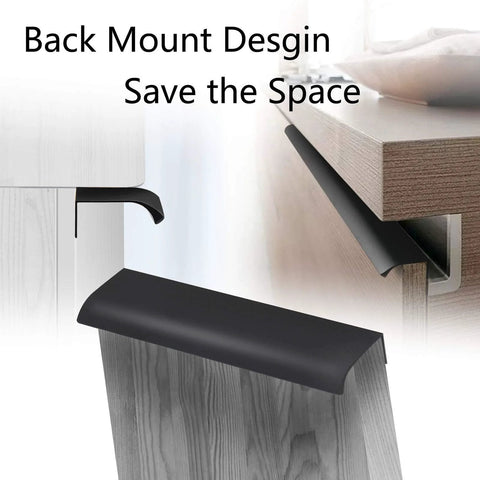 Close-up of 6 Pack Self Adhesive Drawer Pulls Black 5.9 Inch Back Mount Finger Edge Cabinet Handles installed on wood surfaces