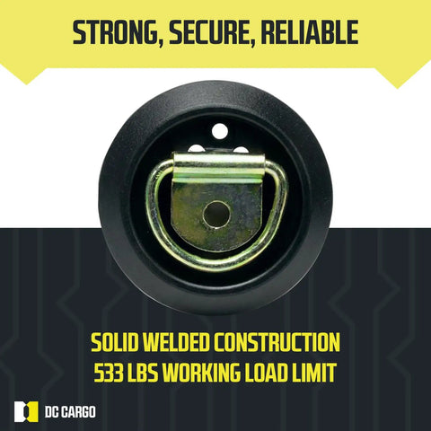 Heavy Duty Flush Mount D Rings 10 Pack Slick Flat Fit Rock Solid Galvanized Steel Trailer Cargo Tie Downs visible with 533 lbs load limit.
