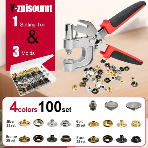 Heavy Duty Fastener Kit With 400 Pieces, 15 mm Canvas Snaps In 4 Colors, Built In Punch Tool displayed on a table