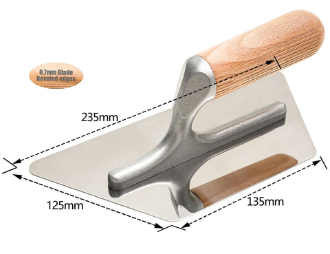 Pro Grade Stainless Steel Venetian Plaster Trowel with 0.7mm beveled edges and lightweight wood handle, 235x135mm size