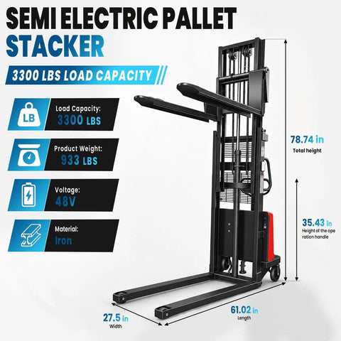 Heavy Duty 94.8 Inch Electric Pallet Stacker Forklift That Lifts A Whopping 3500 Lbs With Smooth Power And Rock Solid Frame For Super Fast Warehouse Moves You Can Trust. Image showing dimensions and specifications.