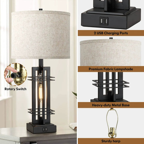 Farmhouse Style Twin Table Lamps With USB Ports For Bedroom And Living Room 27 And A Half Inch Tall Reading Lamps Cream Fabric Shade
