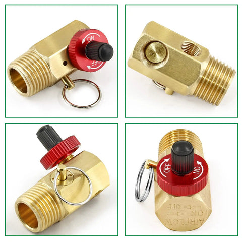 Air Tank Replacement Manifold For Portable Air Compressor, Brass Body With Aluminum Knob And Stainless Spring, multiple views
