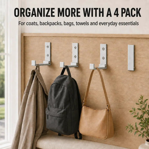 Legit Heavy Duty Folding Wall Hooks 4 Pack Silver Aluminum Alloy Flip Down Coat Rack with jackets and bags organized.