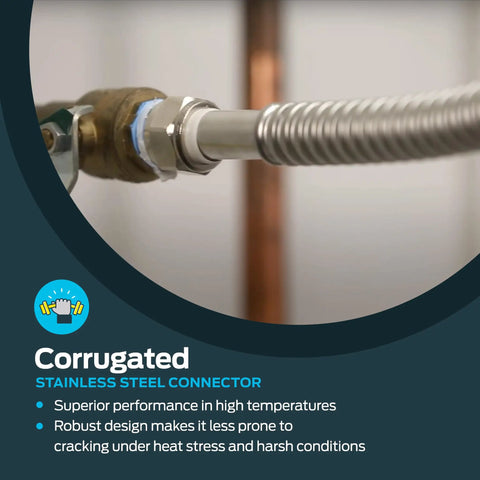 Close-up of WaterFlex 24 Inch Water Heater Connector 1-1/4 In FIP X 1-1/4 In FIP stainless steel supply line with corrugated design.