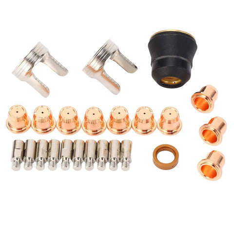 Fabater 24 Piece Plasma Cutting Torch Tip Kit With Electrodes Nozzles Stand Off Swirl Rings For PT-60 PTM-60 IPT-40 Cutters showing kit components including nozzles and tips.