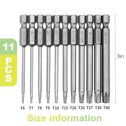 11 piece Heavy Duty Magnetic Security Star Bit Set And Top Drawer S2 Steel Screwdriver Bits from T6 to T40 for fast fastening.