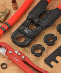 All In One PEX Pipe Crimp Tool Kit For 3/8, 1/2, 3/4, And 1 Inch Copper Rings With Free Gauge And PEX Pipe Cutter