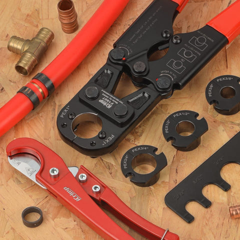 All In One PEX Pipe Crimp Tool Kit For 3/8, 1/2, 3/4, And 1 Inch Copper Rings With Free Gauge And PEX Pipe Cutter