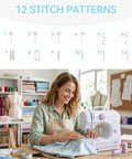 Woman using Portable Mini Sewing Machine For Beginners With Dual Speed And 12 Stitches Foot Pedal And Accessories Kit