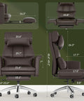 Oversized Chaise Lounge Chair With Wheels And Footrest, Ultra Comfy Big Seat, Brown, front and side view with measurements diagram