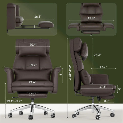 Oversized Chaise Lounge Chair With Wheels And Footrest, Ultra Comfy Big Seat, Brown, front and side view with measurements diagram
