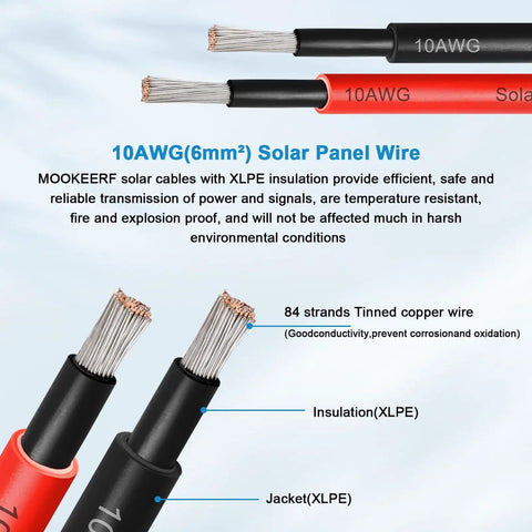 10AWG 50 Feet Solar Panel Extension Cable With Waterproof Male And Female Connectors showing wire details and XLPE insulation