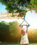 Child enjoying Backyard Zipline Pulley Kit For Kids Kid Friendly Smooth Slackline Slider outdoors
