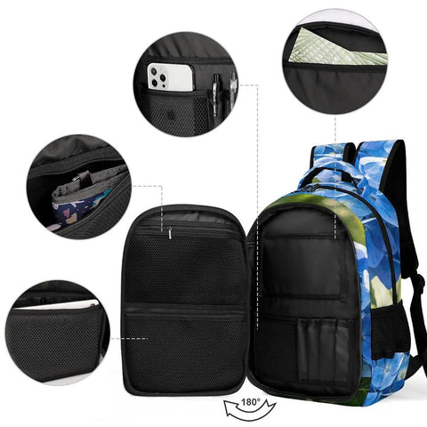 Hydrangea Bloom Printed Backpack For Men And Women Large Capacity Durable Polyester School Travel Bag with open compartments