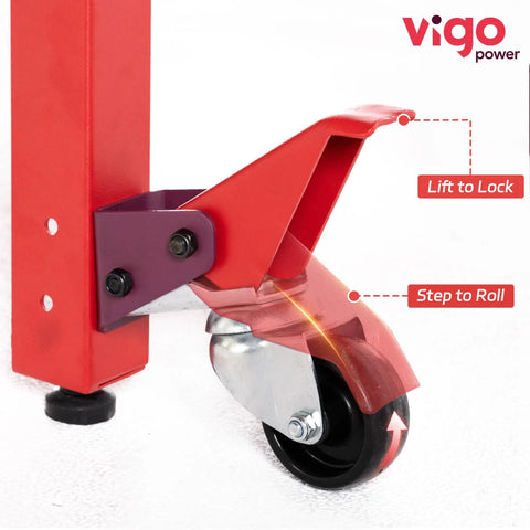 Close-up of Heavy Duty Retractable Workbench Caster Kit With Foot Release showcasing foot pedal mechanism and sturdy caster wheel.