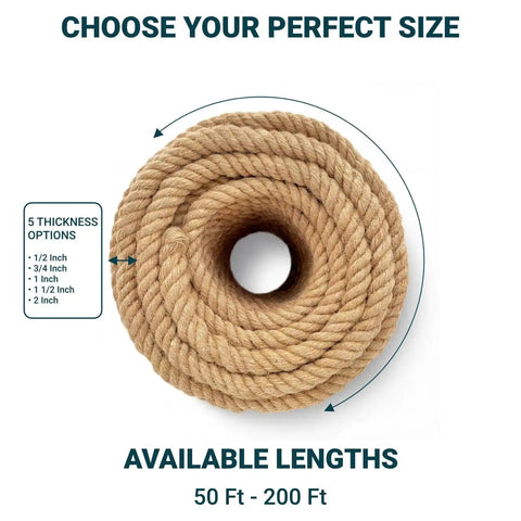 1 Inch By 100 Foot Hemp Rope Heavy Duty 4 Strand Twisted Twine neatly coiled, showing thickness options and available lengths.