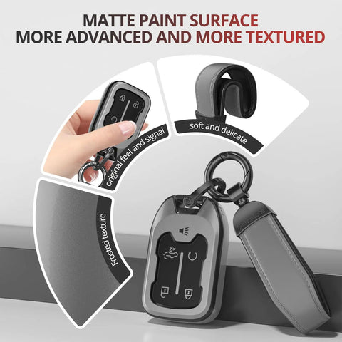 Slick Matte TPU Key Fob Cover For Chevy Gmc With Leather Strap Keychain close-up, showing textured matte paint and keychain