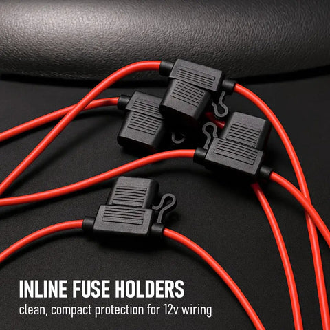 Premium 15 Amp Atc Ato Blade Fuse With 14 Awg Inline Fuse Holder Harness Kit For Cars Trucks Boats And Marine Applications Dual Voltage Water Resistant Cap Two Pack showing red inline fuse holders