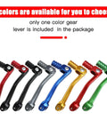 Eight CNC Aluminum Folding Gear Shift Levers for 50cc to 160cc Pit Bikes, shown in different colors, adjustable angle, 152mm length.