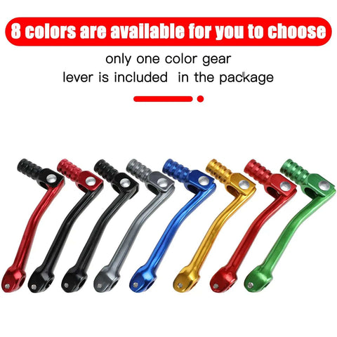 Eight CNC Aluminum Folding Gear Shift Levers for 50cc to 160cc Pit Bikes, shown in different colors, adjustable angle, 152mm length.