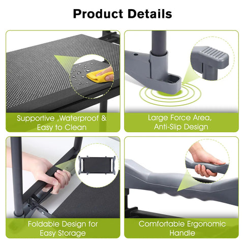 Product details of Garden Kneeler And Chair With Umbrella, 2-In-1 Foldable Garden Stool With Adjustable Bracket, Detachable Tool Bags, Heavy Duty Kneeling Pad in Black and Orange, highlighting supportive waterproof surface, anti-slip design, foldable storage, ergonomic handle.