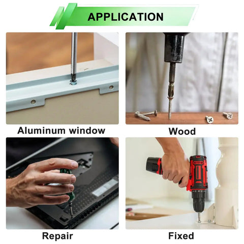 Four images showing the application of Beefy 288 Piece Screws Set For Wood And Metal Projects Self Tapping Round Head And Flat Head Screws.