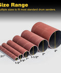 Heavy Duty Aluminum Oxide Spindle Sander Sleeves Six Pack assorted diameters ranging from 1/2 to 3 inches for versatile sanding.