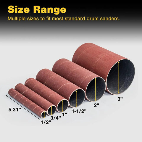 Heavy Duty Aluminum Oxide Spindle Sander Sleeves Six Pack assorted diameters ranging from 1/2 to 3 inches for versatile sanding.
