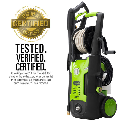 1700 PSI Electric Pressure Washer With 1.2 GPM Upright Hand Carry And PWMA Certified lightweight design, hose reel visible