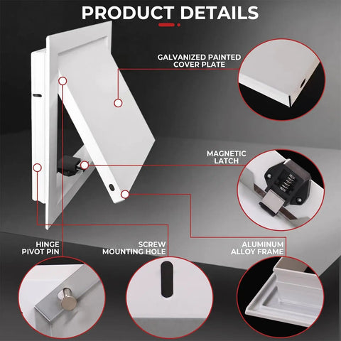 Detailed view of Invisible Drywall Access Panel 9 X 16 Inch Flush Mount Recessed Wall Hatch features including magnetic latch and galvanized cover.