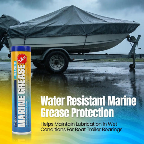 Beefy Marine Wheel Bearing Grease Tube 2 Pack 14 Oz Waterproof High Temperature NLGI 2 Lubricant with boat trailer in rain