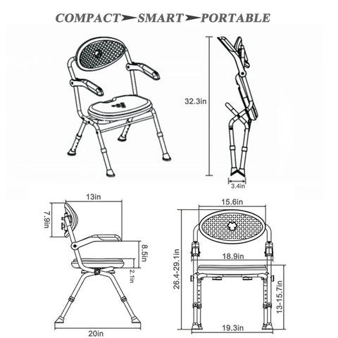 Diagram of One Click Folding Shower Chair With Height Adjustable Legs, Arms And Back, Detachable EVA Cushioned Seat, measurements shown.