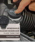 Close-up of a person installing an OEM Replacement Windshield Washer Fluid Cap Direct Fit For 12767700 13227300 19172571.