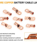 Heavy Duty Battery Cable Lug Kit With Copper Ring Terminals For 1/0 And 2/0 Gauge, pure copper lugs and features
