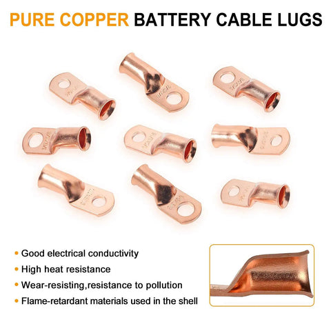 Heavy Duty Battery Cable Lug Kit With Copper Ring Terminals For 1/0 And 2/0 Gauge, pure copper lugs and features