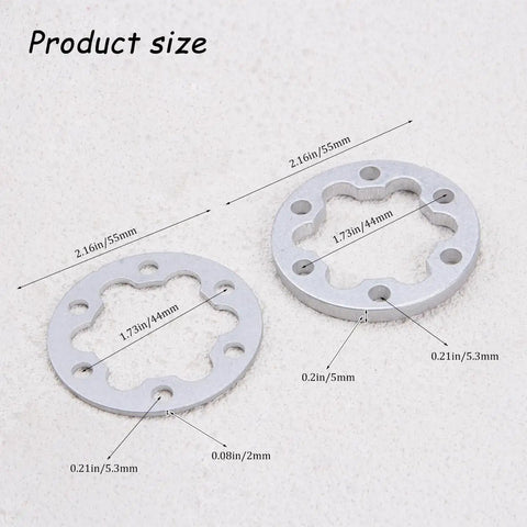 4 Pcs Aluminum E Bike Disc Brake Spacer Kit 6 Hole Universal Rotor Washers 2mm and 5mm displayed with measurements