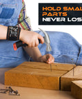 Child using 25 Pieces Kids Real Tool Kit With Real Hand Tools For Young Builders Includes Kids Tool Belt And Pouch Bag Magnetic Wristband Safe Steel Tools For DIY Woodworking Home Repair Projects, hammering nail into wood with magnetic wristband nearby.