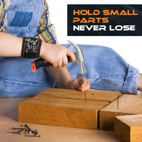 Child using 25 Pieces Kids Real Tool Kit With Real Hand Tools For Young Builders Includes Kids Tool Belt And Pouch Bag Magnetic Wristband Safe Steel Tools For DIY Woodworking Home Repair Projects, hammering nail into wood with magnetic wristband nearby.