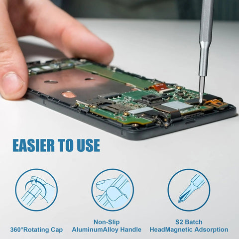 Close-up of 24 In 1 Precision Magnetic Screwdriver Set With Alloy Tool Steel Bits repairing a phone motherboard, focusing on detail.
