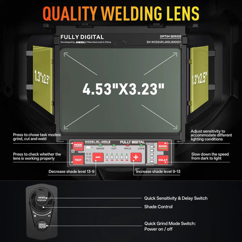 Auto Darkening Welding Helmet With Light Full Digital Filter And True Color View Pro Grade Extra Wide 7.2 By 3.2 Inch Panoramic Field Type C Fast Charging Shade Range 4 5 9 9 13 For Weld Cut Grind Dual LED Light Waterproof And Adjustable close-up view of digital filter and controls