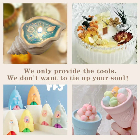 Colorful handcrafted candles on display, featuring unique shapes and designs with flowers and bubble toppings.