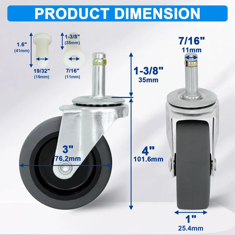 3 Inch Swivel Stem Cart Caster Replacement Wheels For Mop Buckets, 7/16 x 1-3/8 Inch Stem, TPR Rubber Wheel dimensions