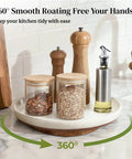 Super Smooth Spinning Ceramic Lazy Susan Tray With Natural Acacia Wood Base Round Rotating Kitchen Counter Organizer And Farmhouse Condiment Holder features jars and condiments.