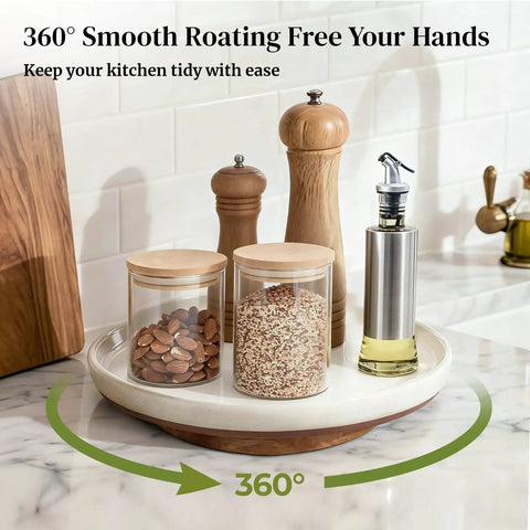 Super Smooth Spinning Ceramic Lazy Susan Tray With Natural Acacia Wood Base Round Rotating Kitchen Counter Organizer And Farmhouse Condiment Holder features jars and condiments.