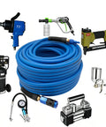 Heavy Duty 1/4 Inch By 100 Ft Air Compressor Hose Rated 300 Psi Built Tough Hybrid Composition with tools and accessories.