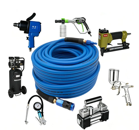 Heavy Duty 1/4 Inch By 100 Ft Air Compressor Hose Rated 300 Psi Built Tough Hybrid Composition with tools and accessories.