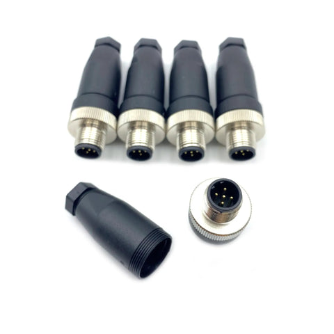 M12 5 Pin B Code Male Circular Connector IP67 Waterproof For Industrial Sensors shown with brass gold plated contacts.